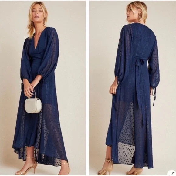 Anthropologie Hutch Leigh Wrap‎ Maxi Dress Balloon Sleeve Belted Sz XS NWT - Picture 2 of 8